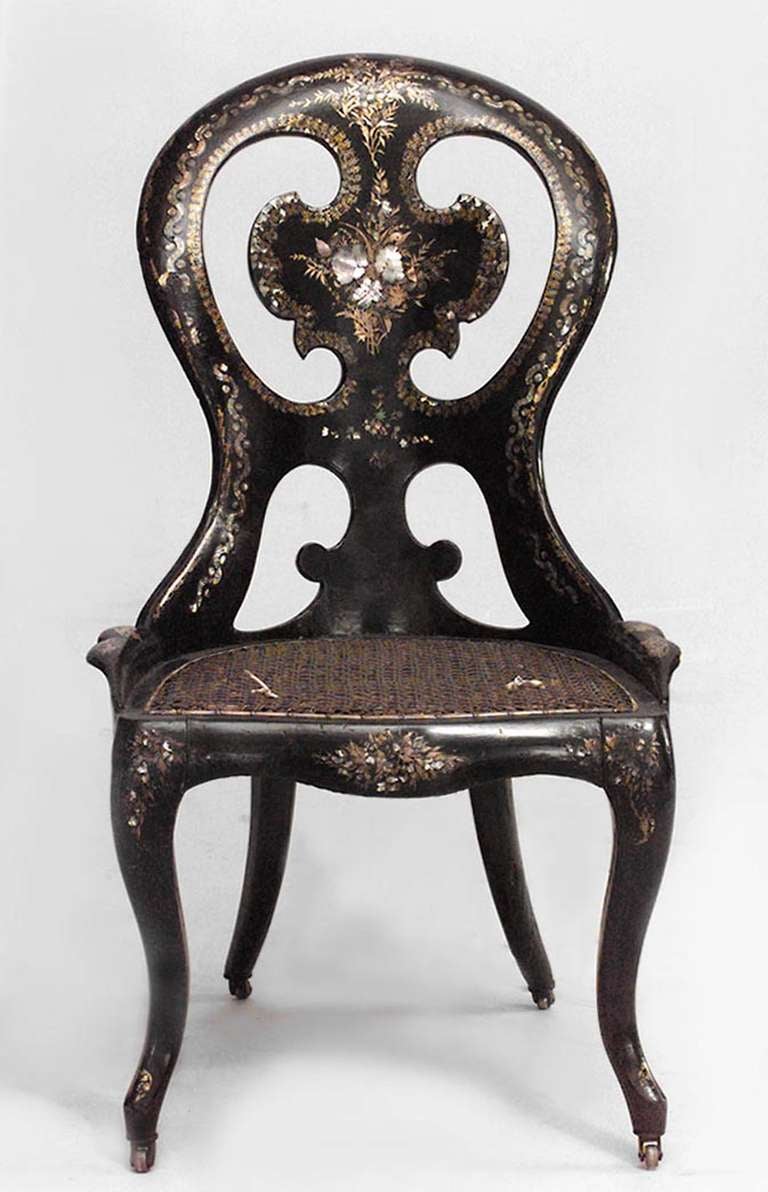 Victorian 19th c. English Pearl Inlaid Papier Mache Side Chair