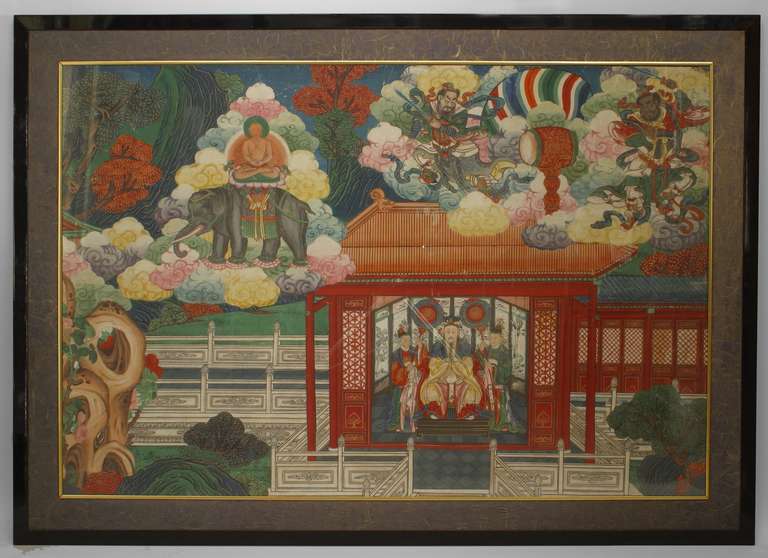 4 Chinese large watercolor paintings of Court and Buddhist scenes in ebonized frames (19th cent). (PRICED EACH)
