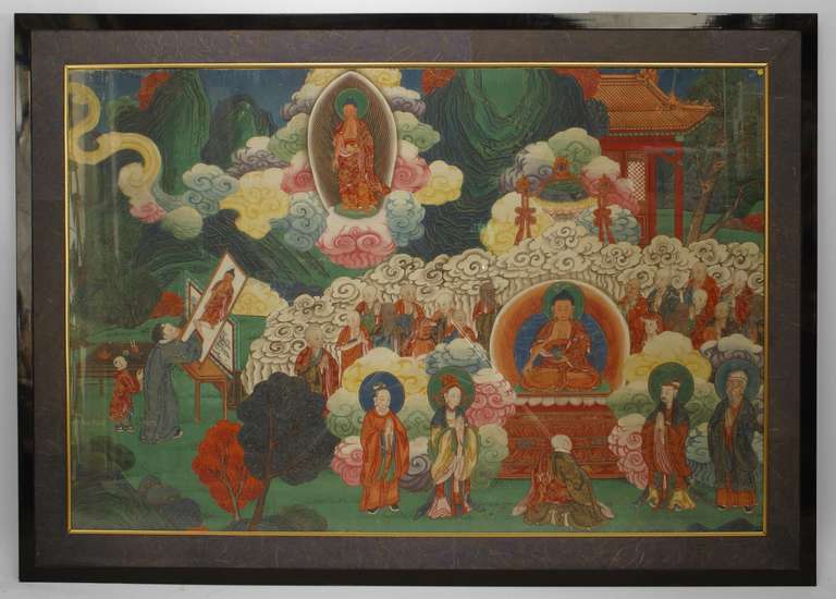19th Century 4 Chinese Watercolors of Court and Buddhist Scenes For Sale