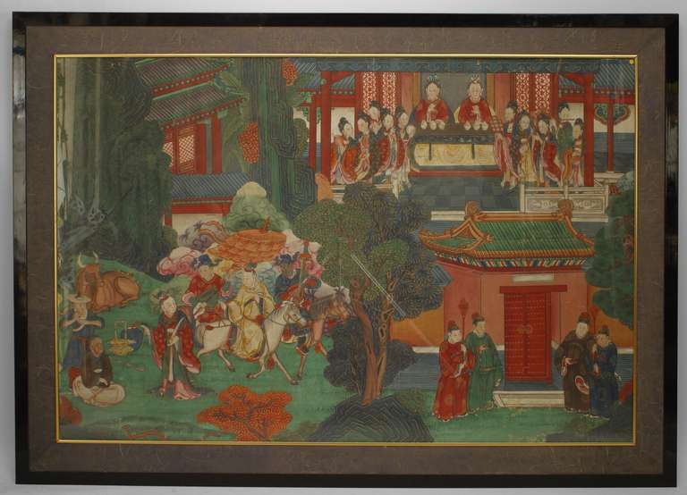 Glass 4 Chinese Watercolors of Court and Buddhist Scenes For Sale