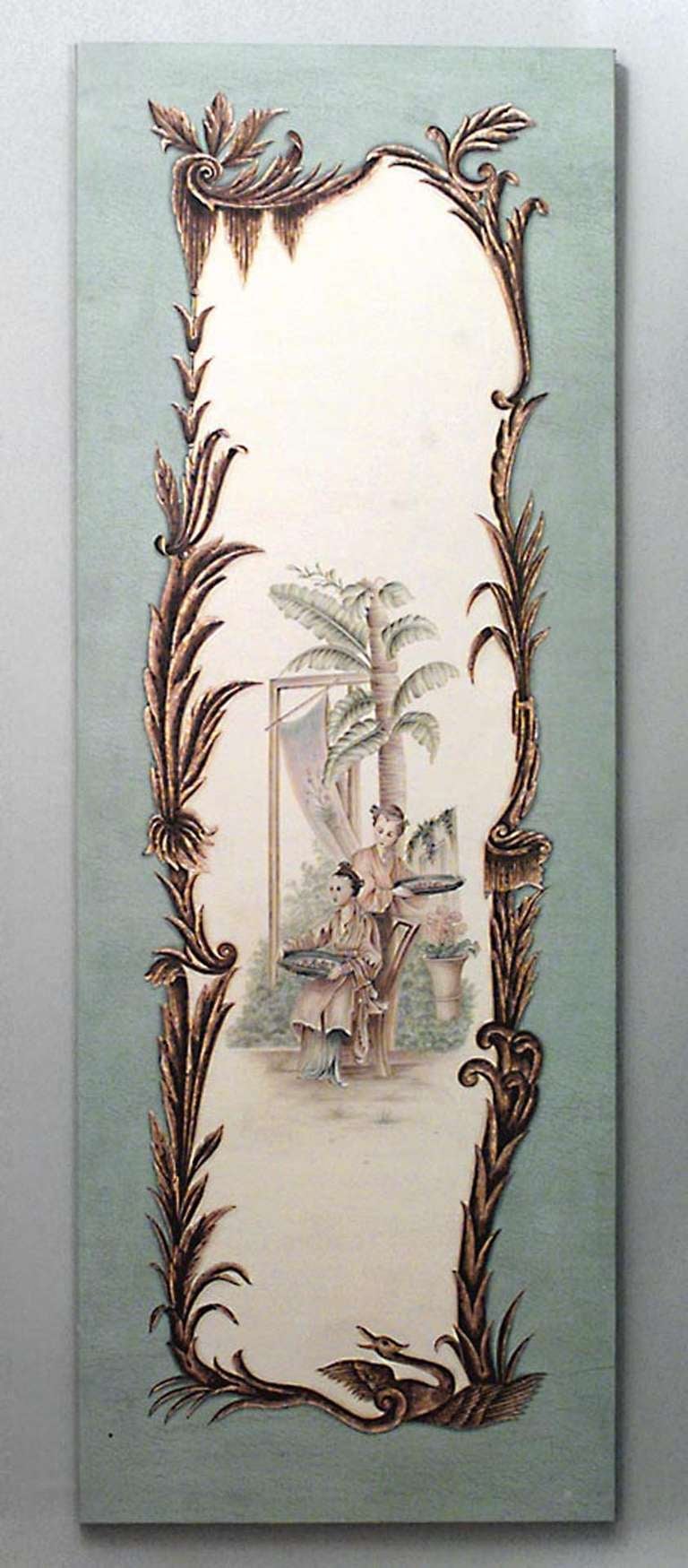 Pair of twentieth century Louis XV style oil on celadon canvas pilaster paintings depicting Chinoiserie genre scenes in the style of Jean Pillement.