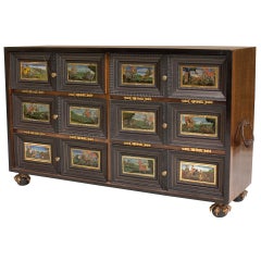 Used Continental Ebonized & Painted Glass Cabinet