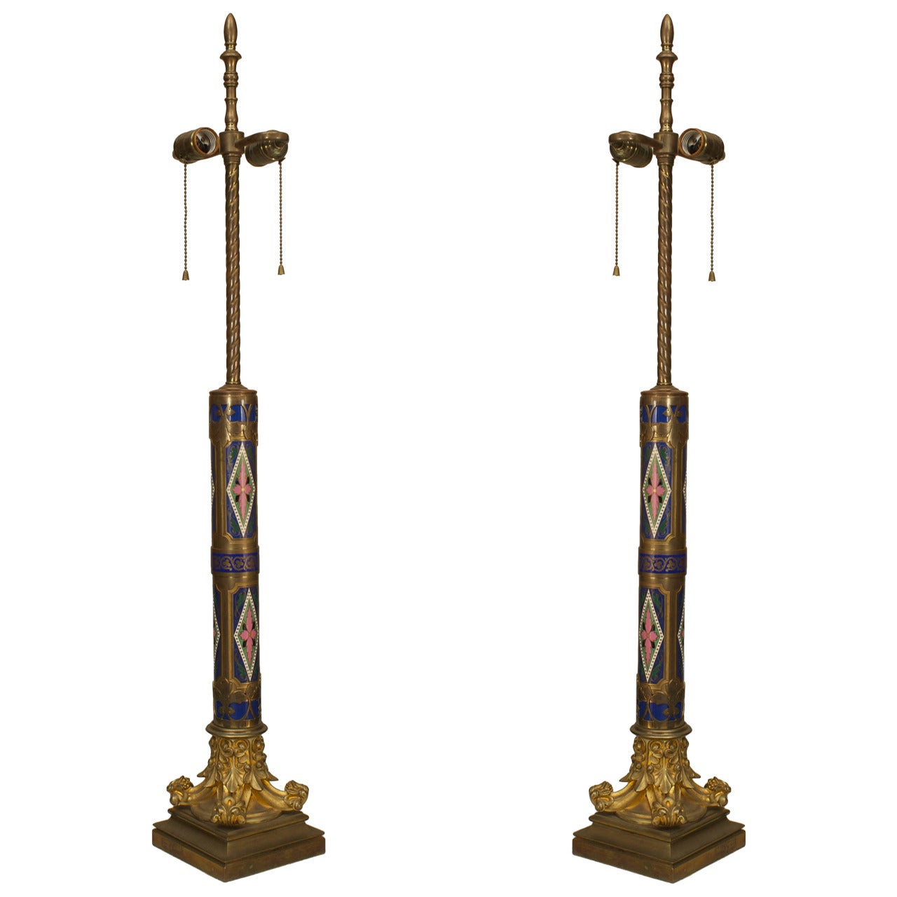 Pair of French Victorian Enamel Column Table Lamps