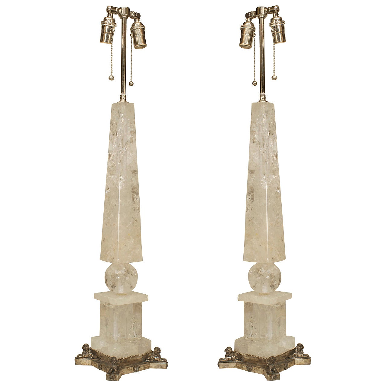 Pair of Baltic Neoclassic Rock Crystal Obelisk Table Lamps