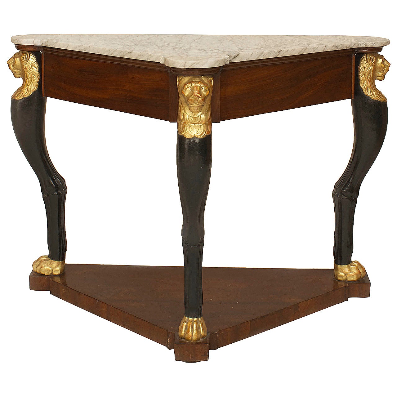 A Fine French Empire Triangular Console Table with Gilt Lion Heads