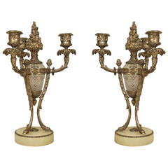 Pair of Ornate 19th c. French Silvered Bronze and Cut Glass Candelabras 2