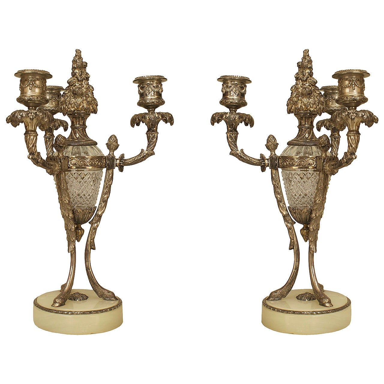 Pair of French Victorian Style Bronze and Glass Candelabras For Sale