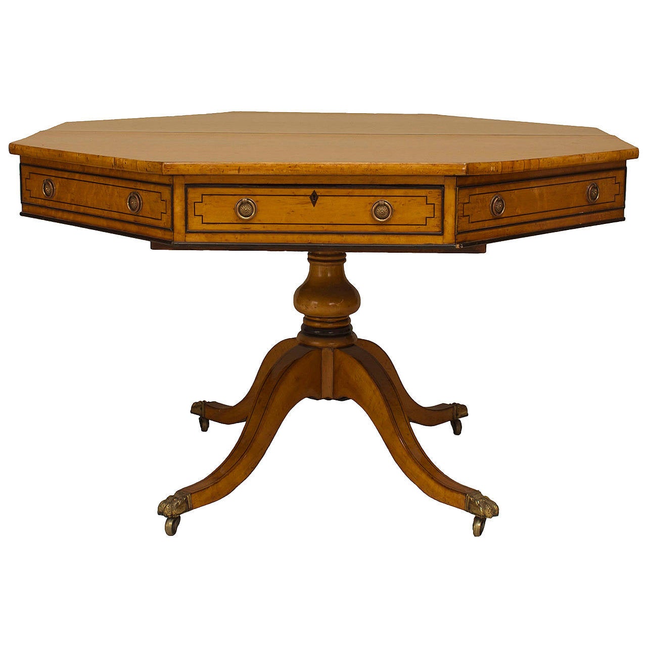A Lovely English Regency Maple Pedestal Base Center Table For Sale at