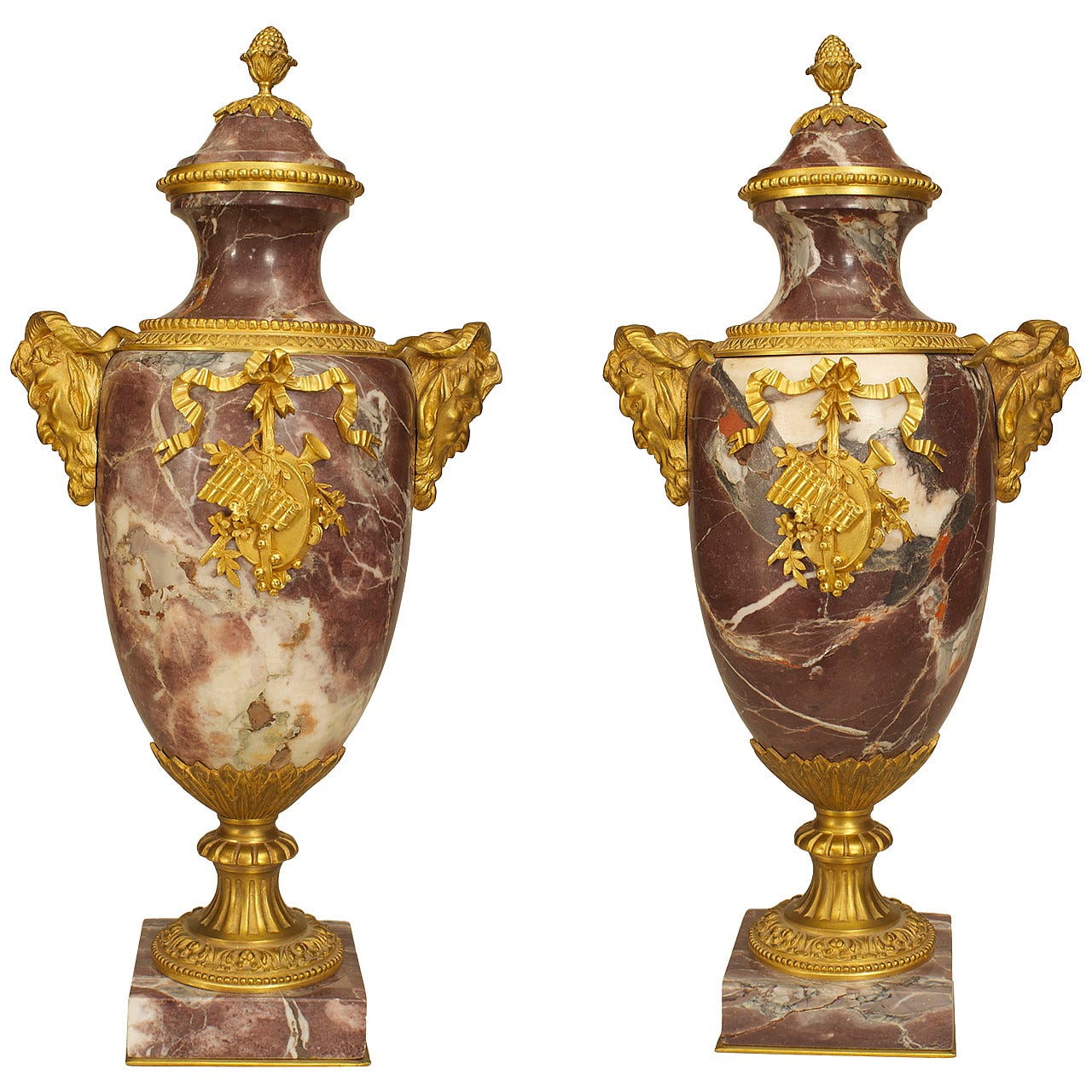 Pair of French Victorian Neoclassical Levanto Marble Urns For Sale