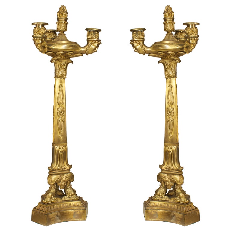 A Fine Pair of French Restoration Gilt Bronze Candelabras For Sale at