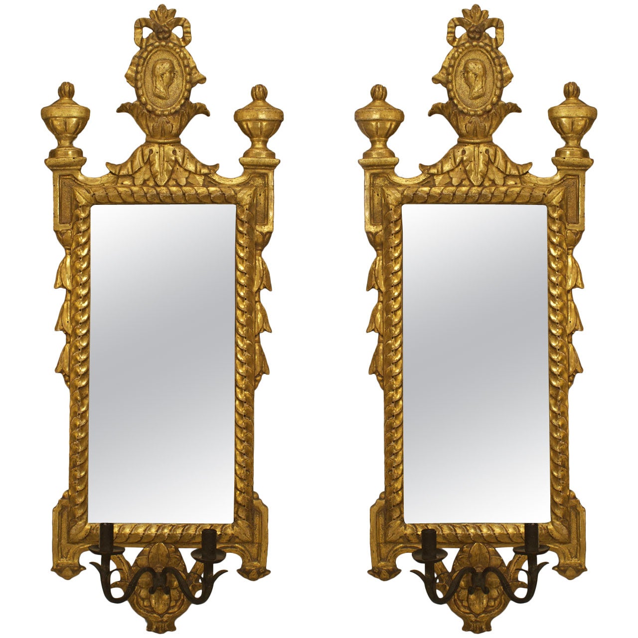 Pair of Italian Neoclassic Giltwood and Iron Giranoles / Wall Mirrors