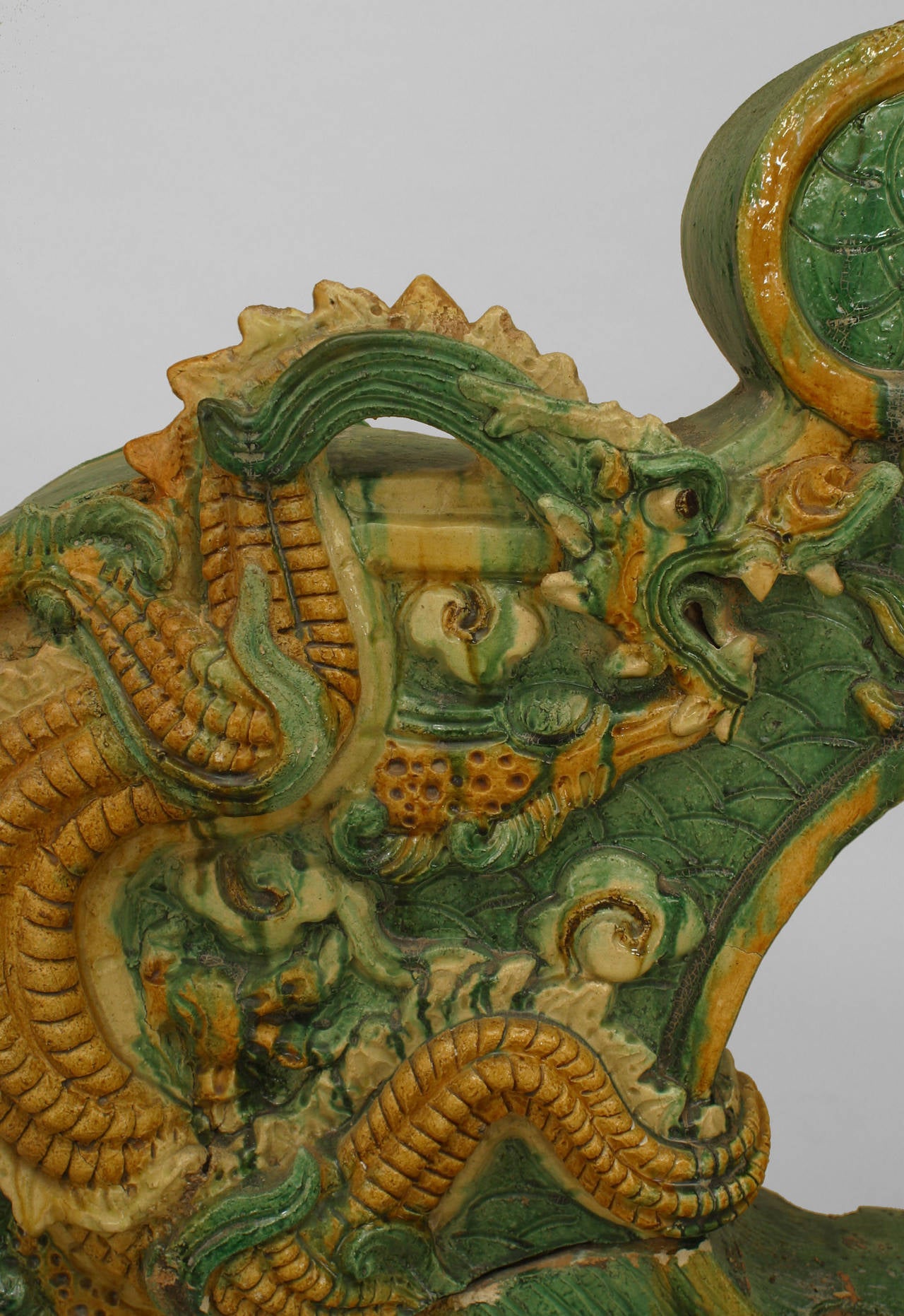 Glazed Pair of Chinese Ming Dynasty Dragon Roof Tiles