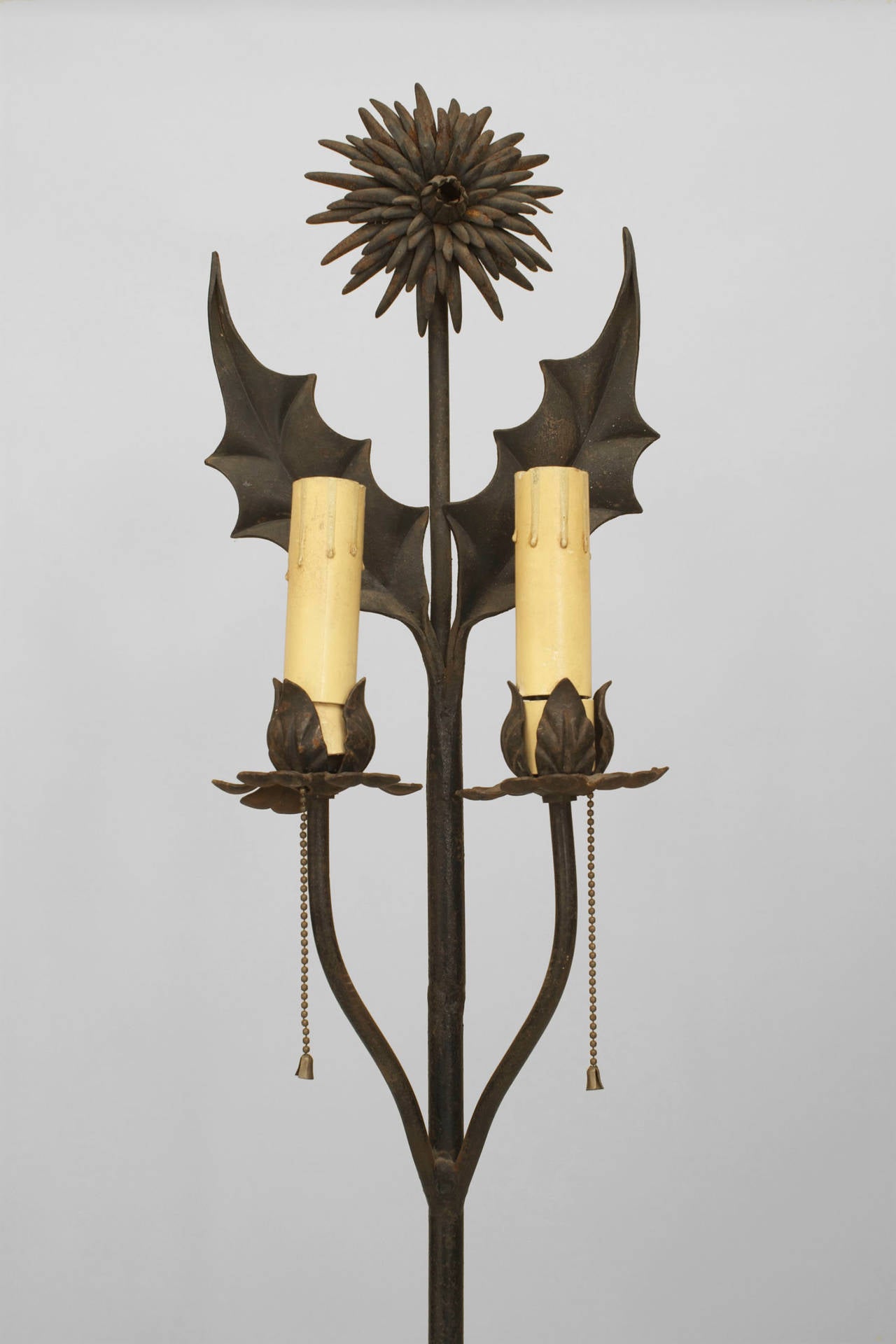 Américain Paire de lampadaires anglais esthétiques en fer forgé à motifs floraux