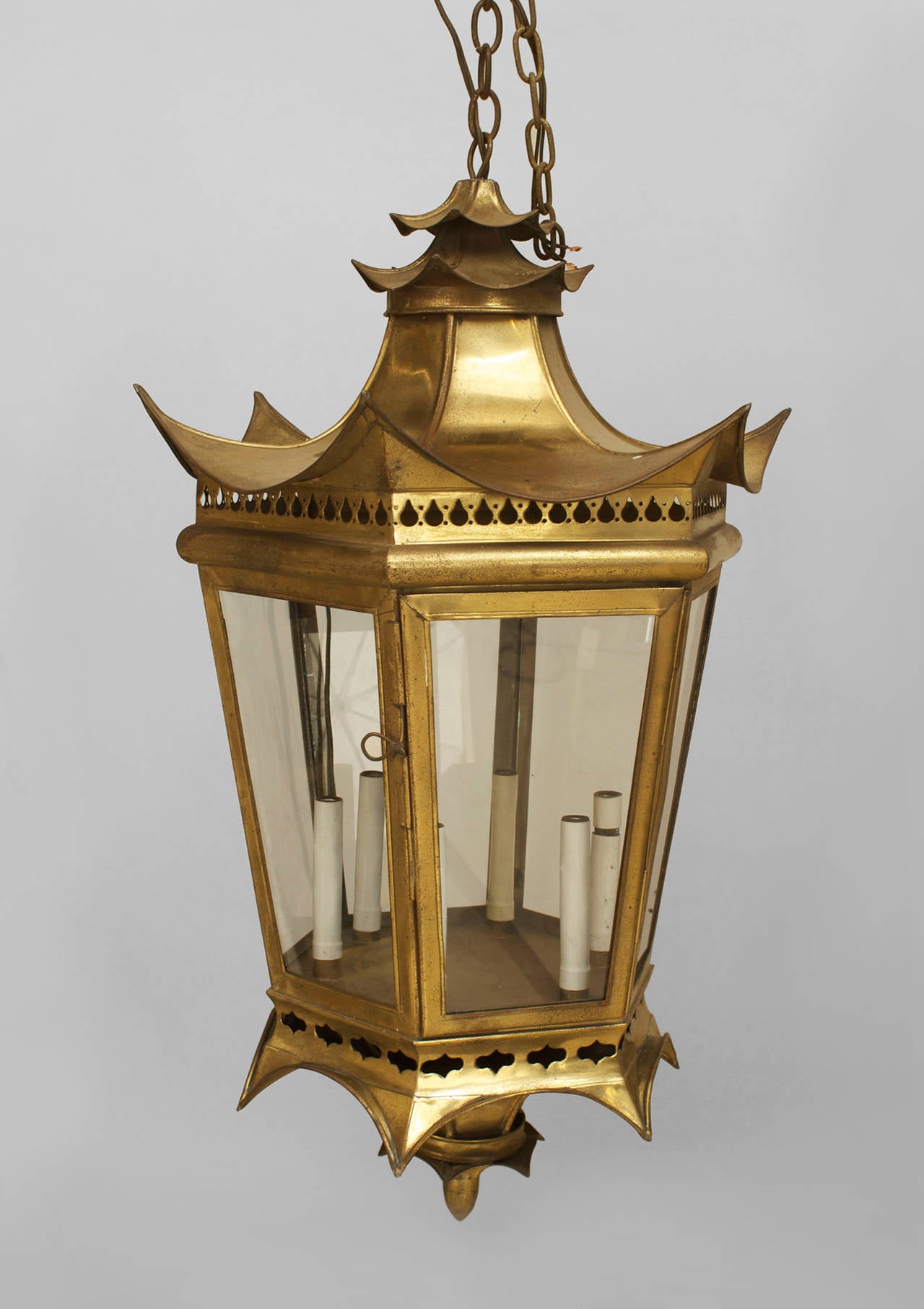 2 Asian Chinese style (1940s) brass 8 sided glass panel lanterns with a filigree and pagoda design top and bottom finial (PRICED EACH)
