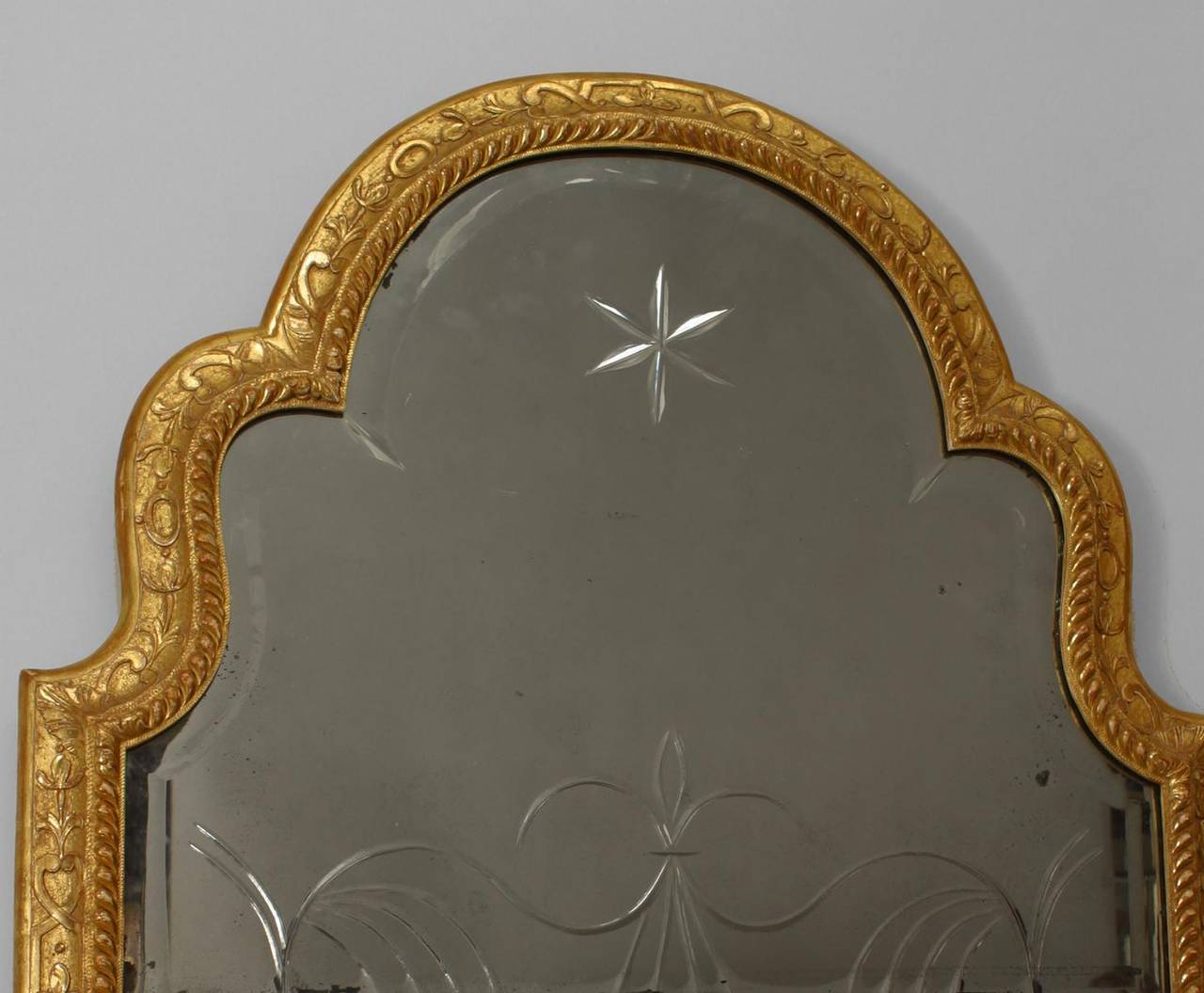 Beveled English Queen Anne Gilt Shaped and Etched Wall Mirror