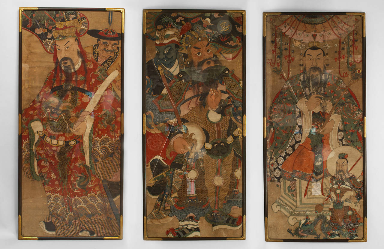 Set of 3 Asian Chinese (18/19th Cent) watercolor portraits each with 2 elaborately costumed figures in gilt trimmed frames.
