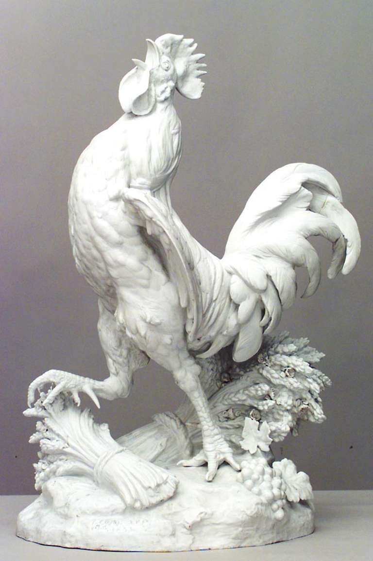 Figurine française victorienne de coq en pariam blanc grandeur nature (signée : I. COJSOEPA ? 1883) (en l'état - petits éclats)
