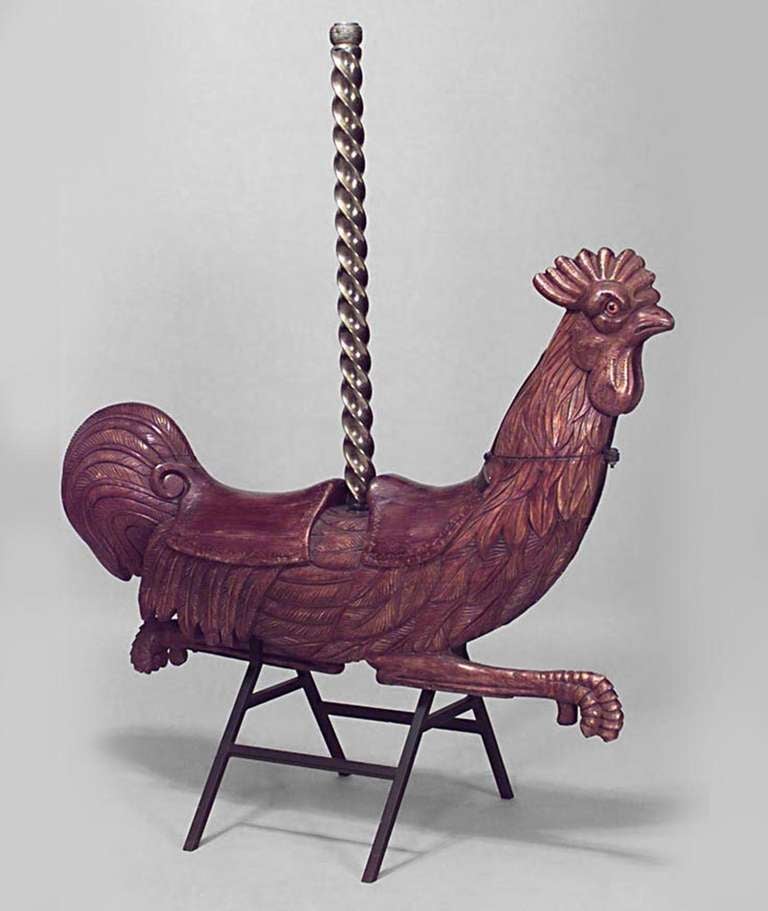 Carousel style (19/20th Cent) carved walnut monumental rooster figure on iron stand with brass pole
