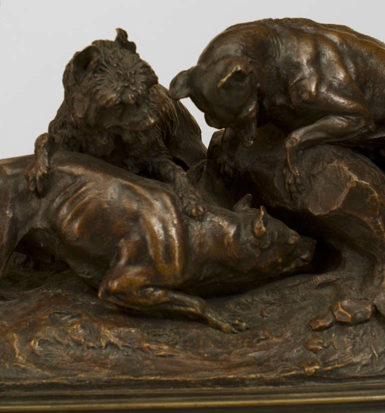 XIXe siècle environ Groupe de chasse en bronze français « Chasse au Lapin » de P.J. Le Mene Excellent état à Queens, NY