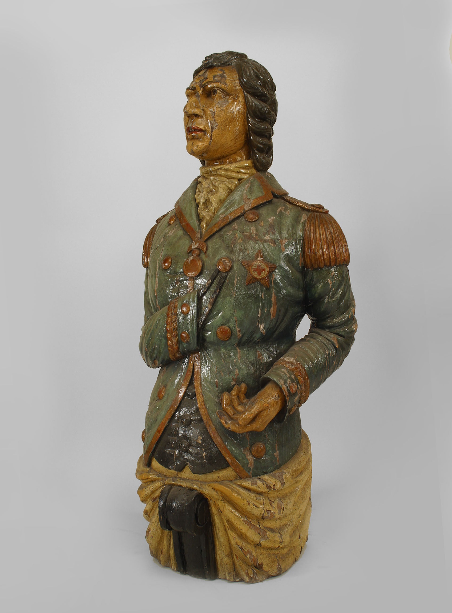 19th century English carved wooden polychrome large ship figurehead of Lord Nelson.