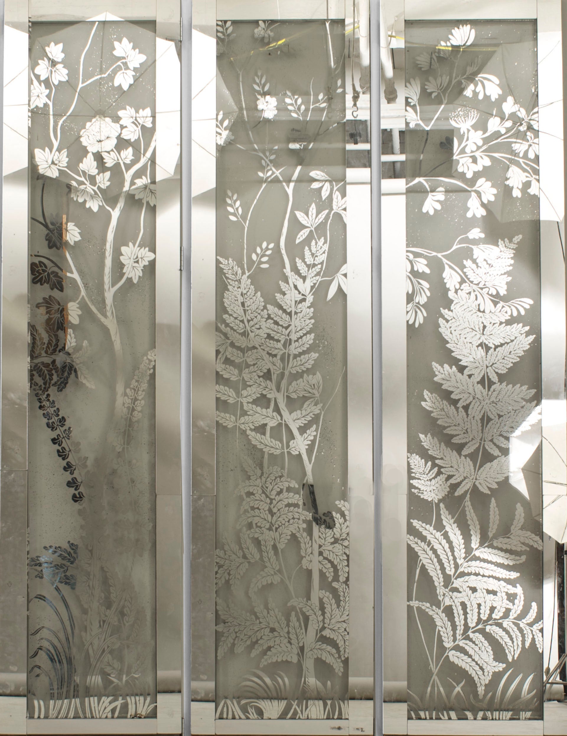 Tall 1940's American Silver Etched and Mirrored Folding Screen