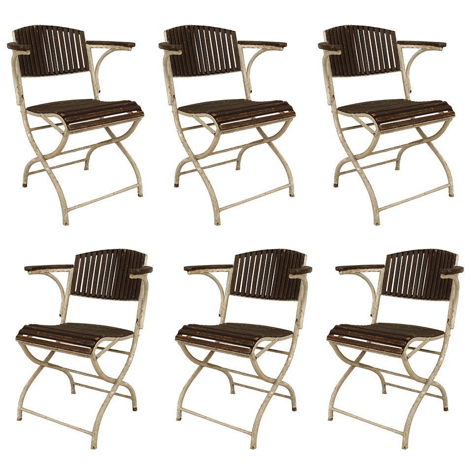 Ensemble de 6 chaises pliantes Art Déco françaises en fer