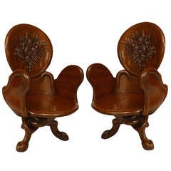 Pair of Art Nouveau Carved Teak Armchairs in the manner of Gaudi 7
