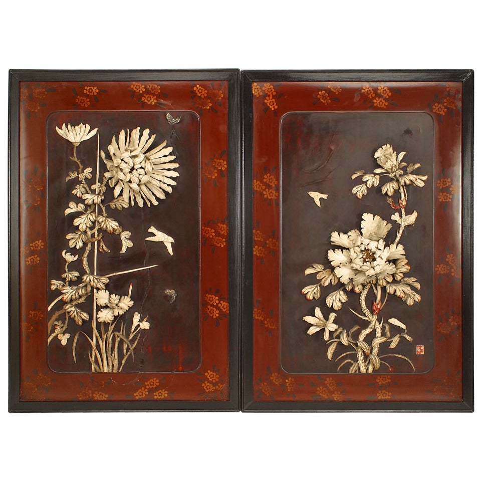 Pair of Floral Bone Reliefs, Japanese, Late 19th Century