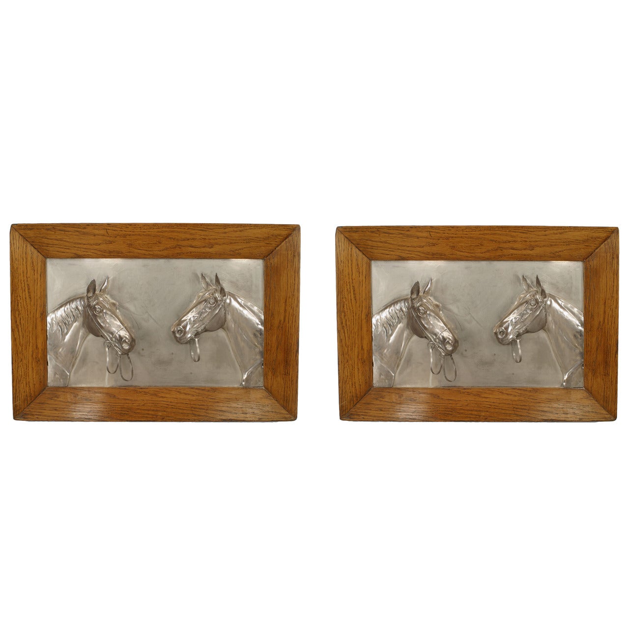 Pair of English Country Silver Plate Equestrian Wall Plaques