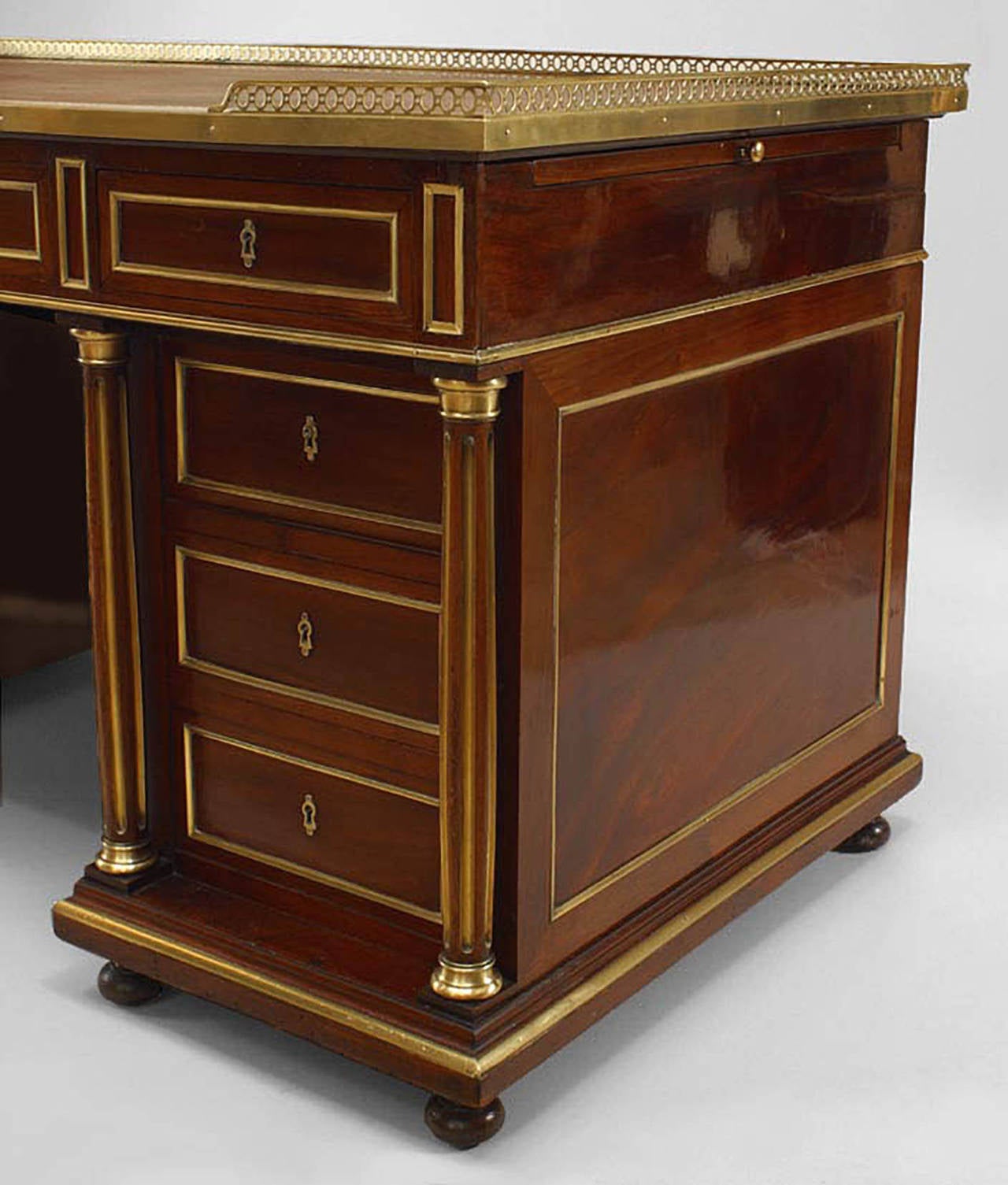 Brass French Louis XVI Style Mahogany Kneehole Desk For Sale