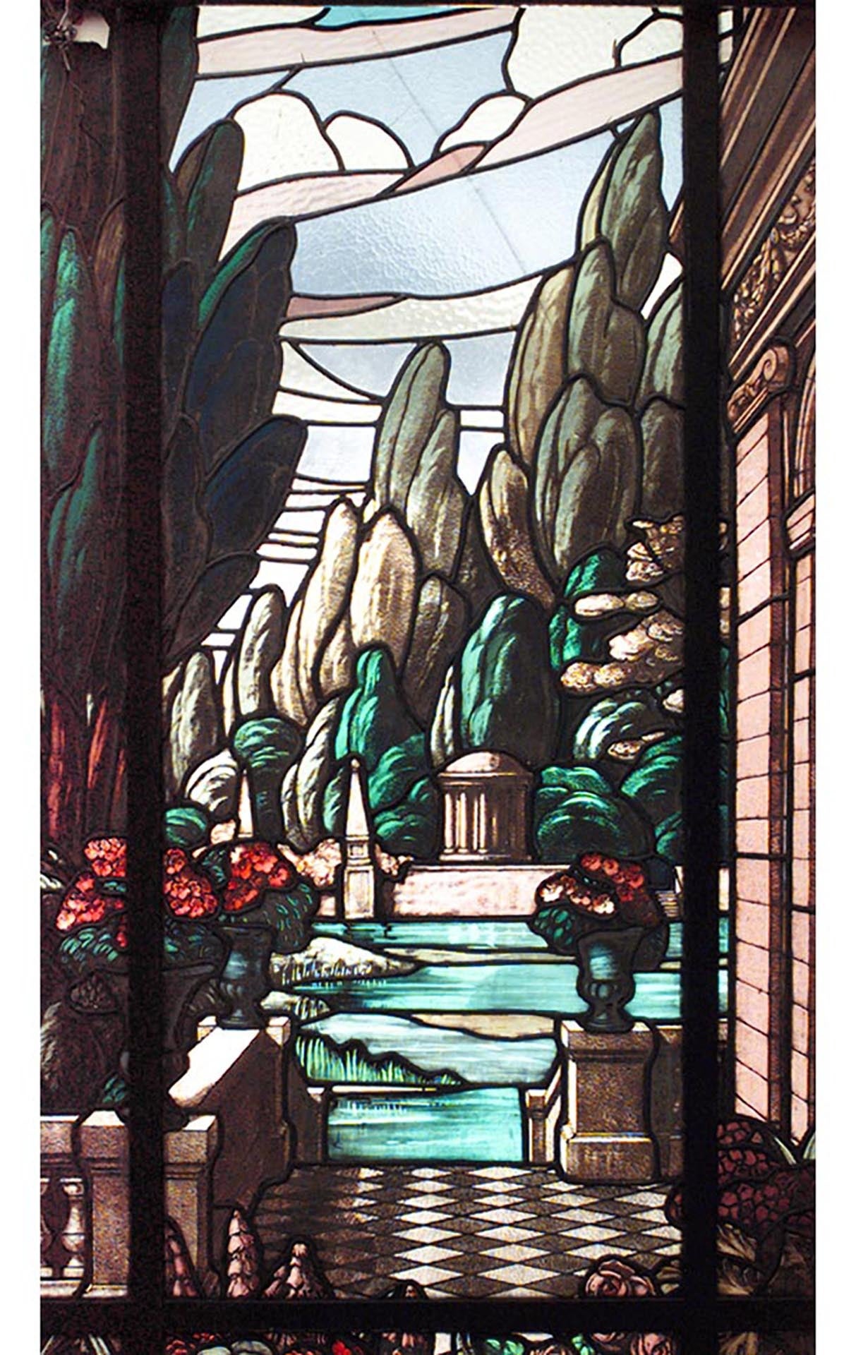 19th Century Stained and Leaded Glass Landscape Window In Good Condition For Sale In New York, NY
