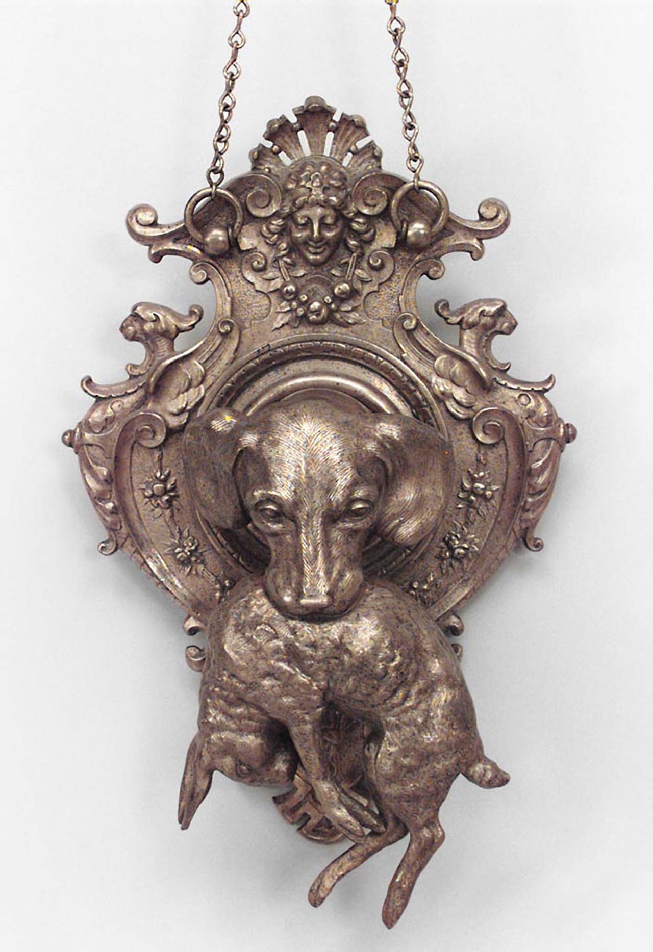 Baroque Revival Pair of 19th c. French Shaped Bronze Hunt-Themed Wall Plaques