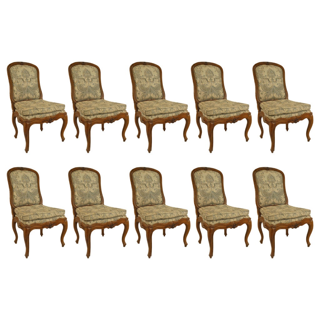 Set of 10 French Louis XV Walnut Side Chairs For Sale