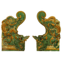 Antique Pair of Chinese Ming Dynasty Dragon Roof Tiles