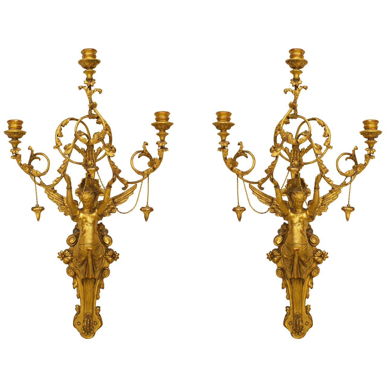 Pair of Italian Neoclassic Empire Gilt Wood Wall Sconces For Sale