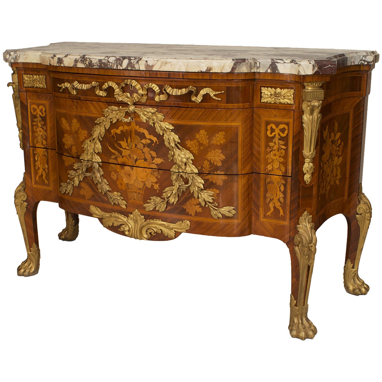 Commode française de style Louis XV de style transitionnel avec plateau en marbre