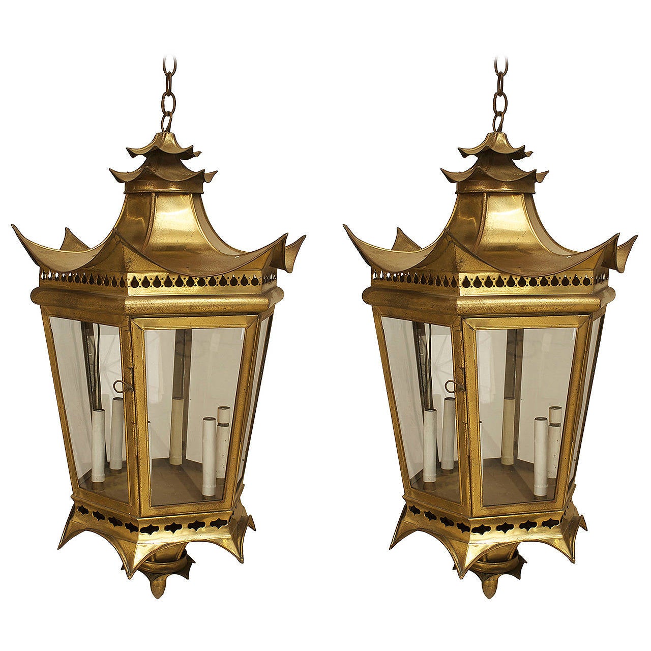 Pair of 1940's AsianInspired Brass Lanterns For Sale at 1stdibs