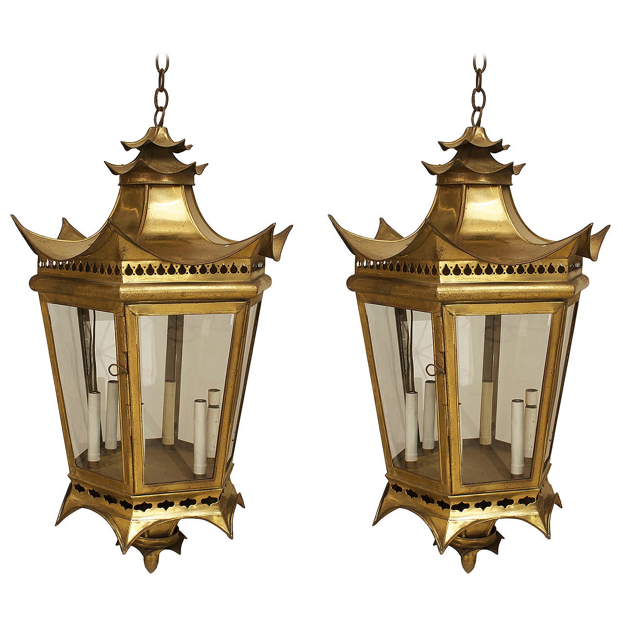 2 Chinese Style Brass Filigree Hanging Lantern For Sale