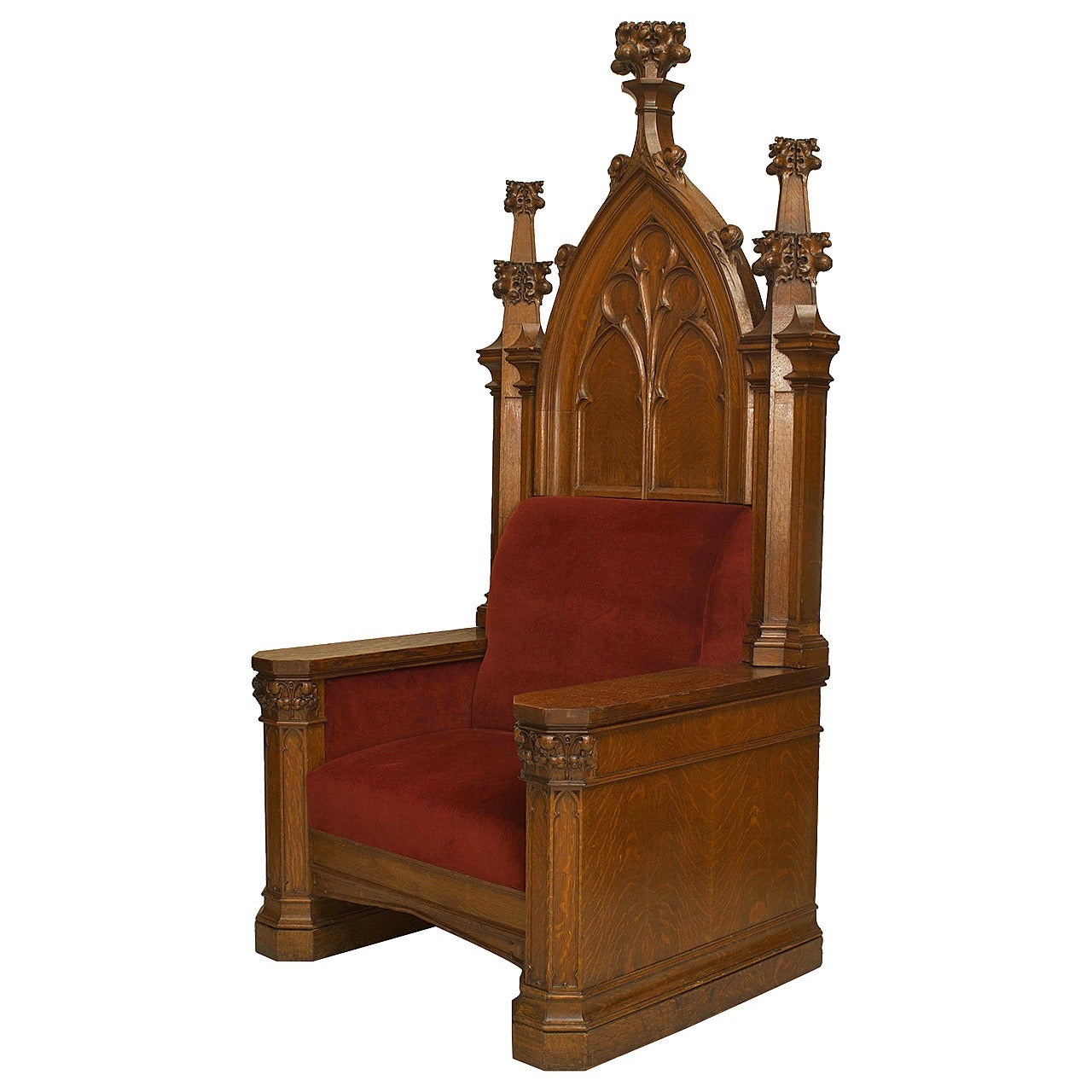 English Gothic Revival Red Velvet Throne Chair For Sale