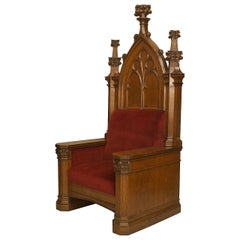 English Gothic Revival Red Velvet Throne Chair