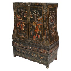 Chinese Black Lacquered Chinoiserie Cabinet