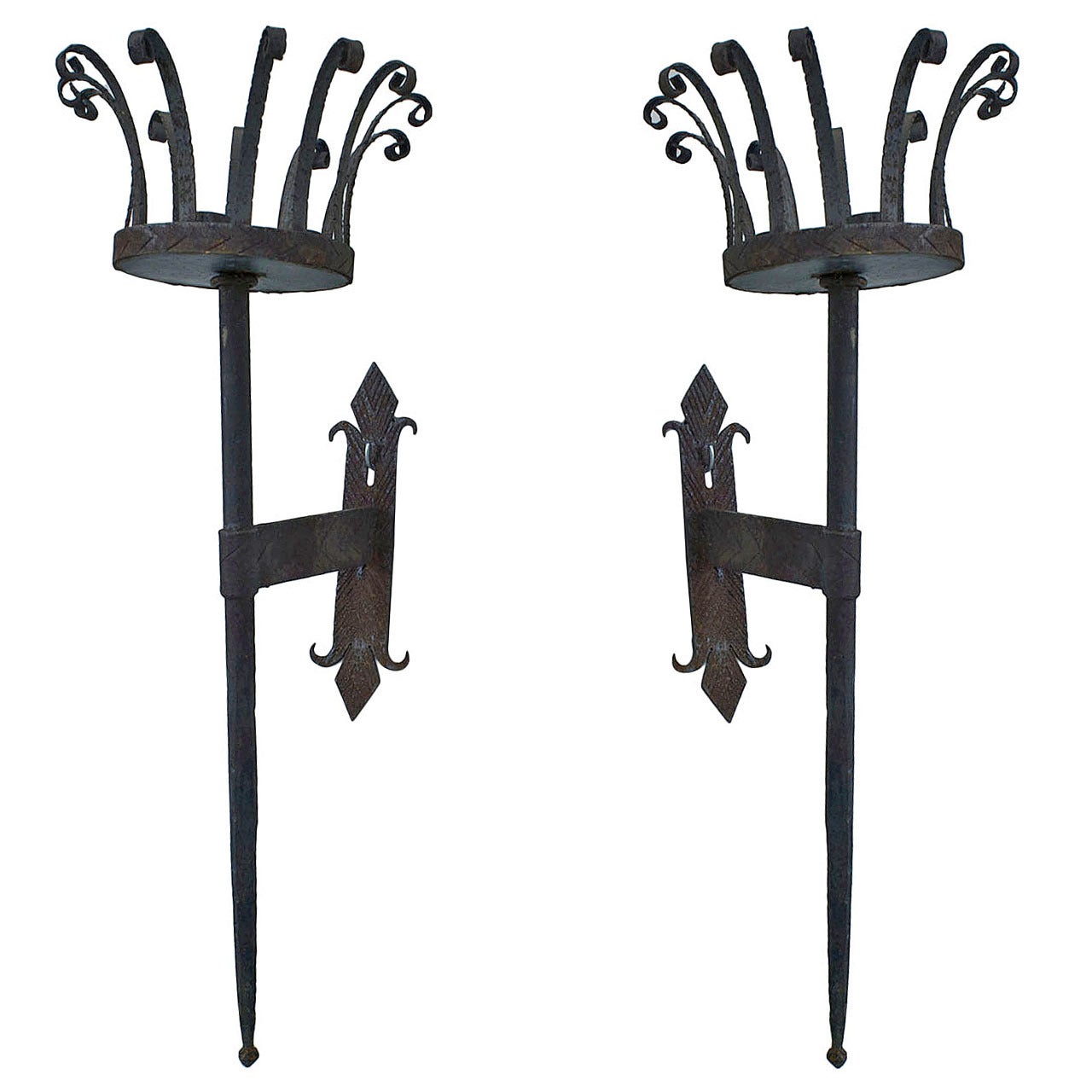 Pair of Italian Renaissance Wrought Iron Torch Wall Sconces For Sale