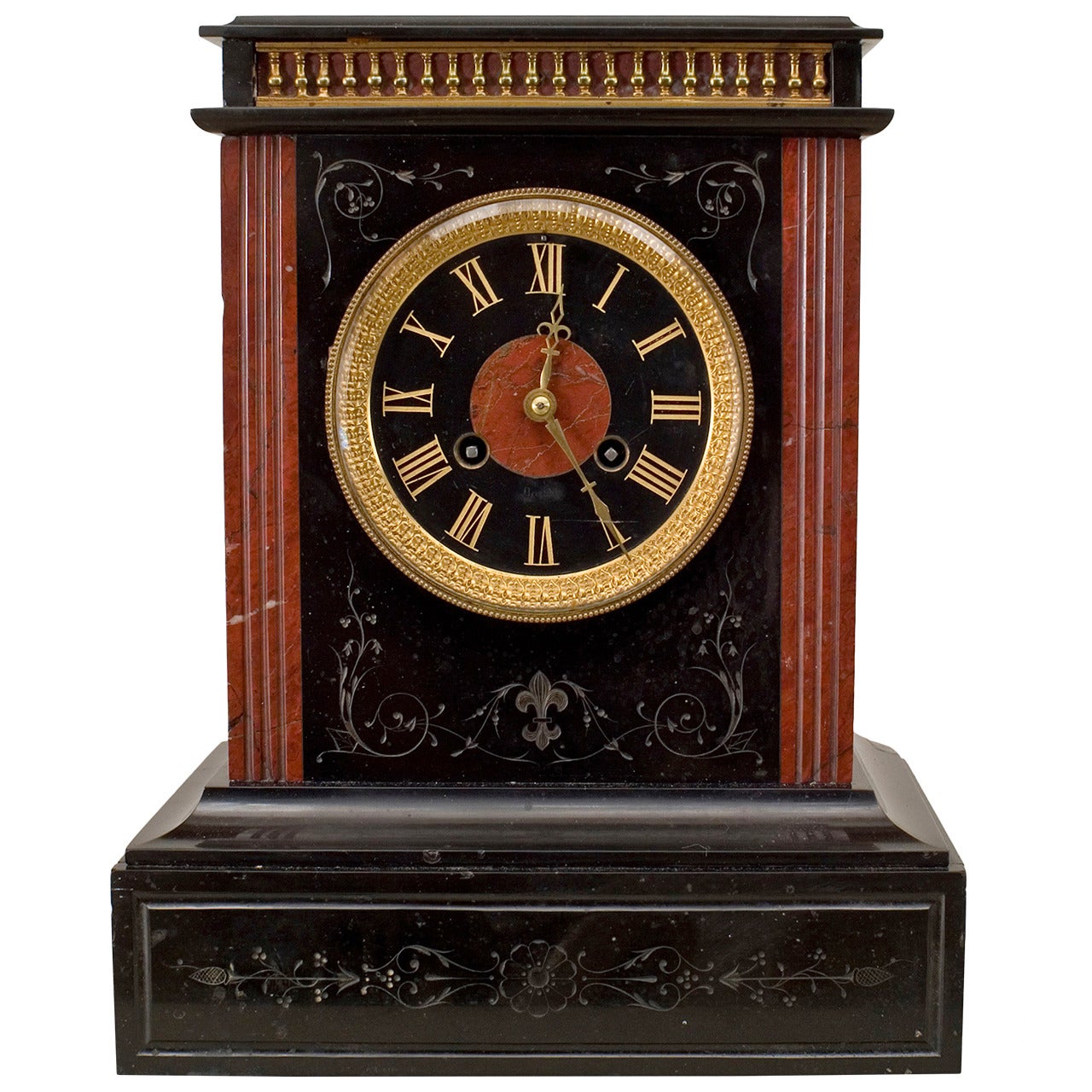 French Victorian Black Marble Mantel Clock For Sale