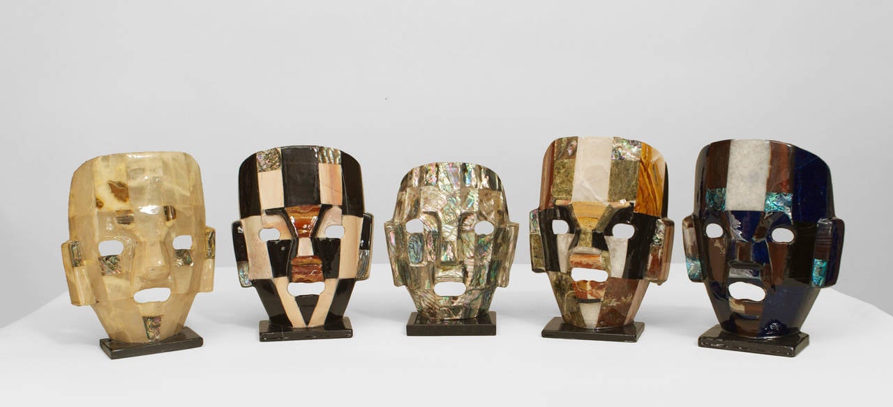 3 Mid-Century modern pre-columbian style Aztec masks made with various tesselated semi-precious stone (lapis,onyx, quartz, mother-of-pearl) (PRICED EACH)
