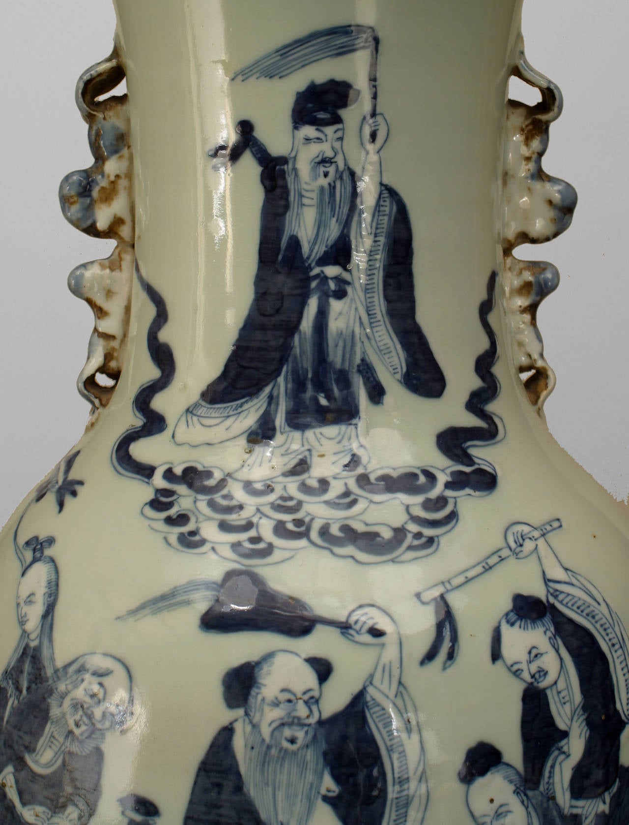 20th Century Chinese Celedon Porcelain Vase with Figural Decorations In Excellent Condition In New York, NY