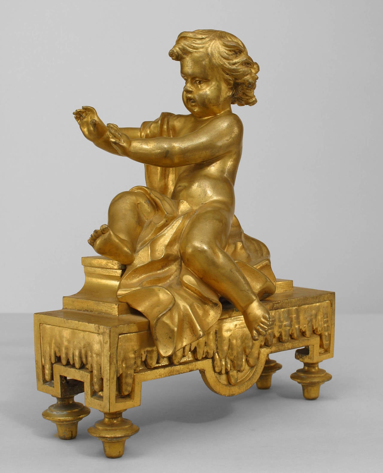 Pair of French Gilt Bronze Cupid Andirons In Excellent Condition For Sale In Queens, NY