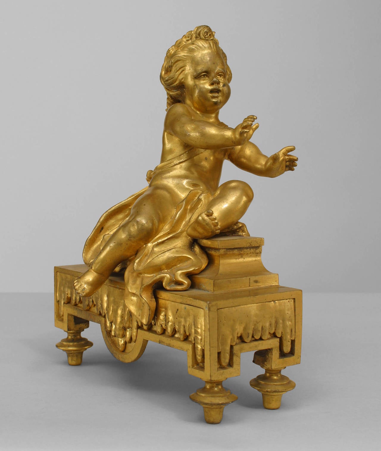 Ormolu Pair of French Gilt Bronze Cupid Andirons For Sale