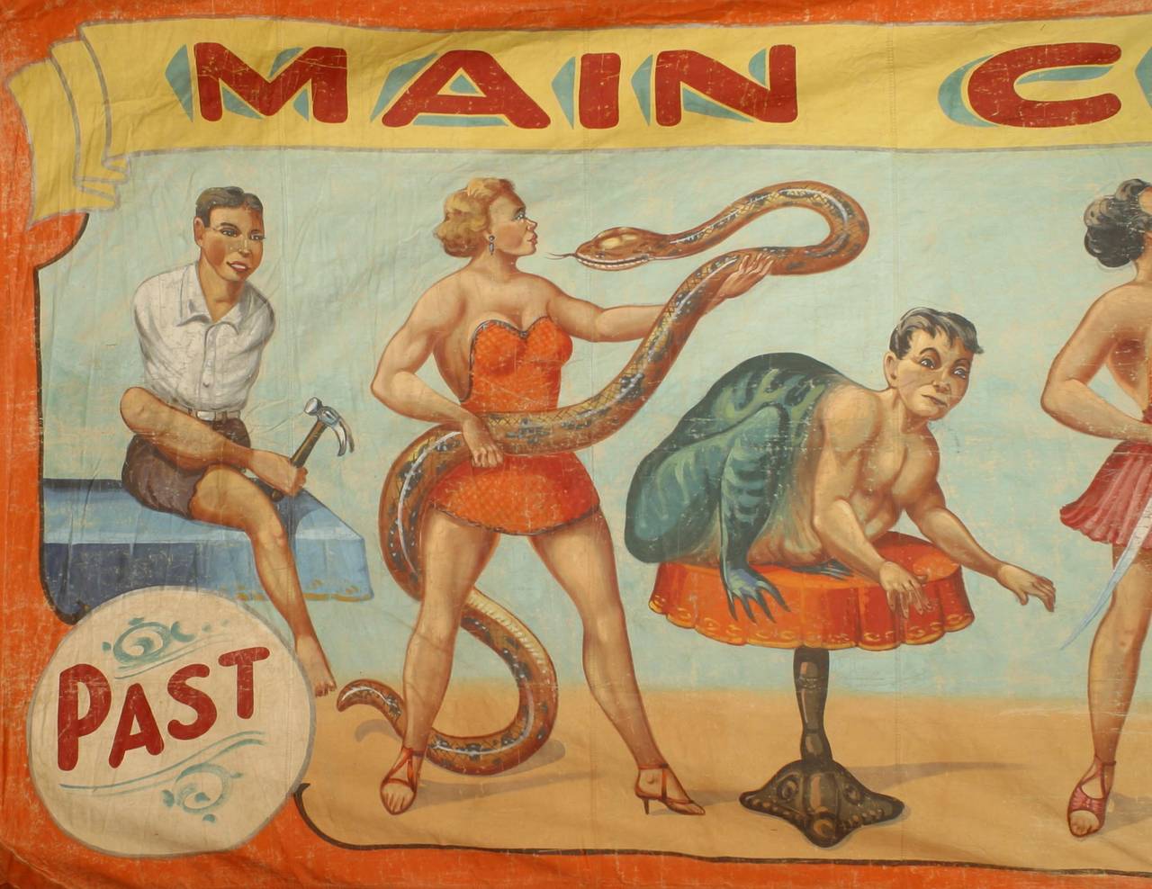 Thirty foot-long American painted side show circus banner depicting a colorful array of different circus performers. The banner is signed by Fred Johnson-O Henry Tent & Awning, Chicago.