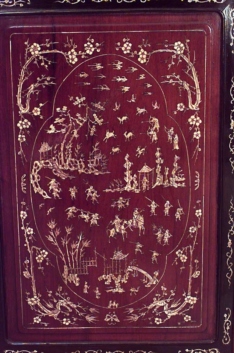 19th Century Chinese Carved and Inlaid Mahogany Folding Screen For Sale 1