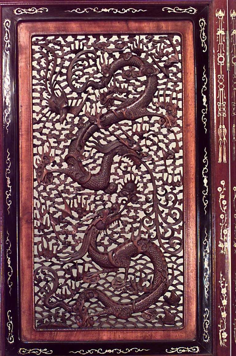 19th Century Chinese Carved and Inlaid Mahogany Folding Screen For Sale 2